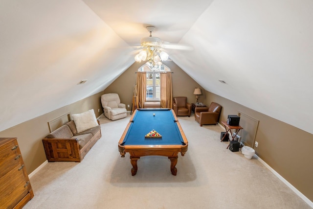 110 Brumsey Landing Dr Lot # 24, Moyock, NC 27958 - game room featuring pool table, baseboards, carpet, lofted ceiling, and a ceiling fan