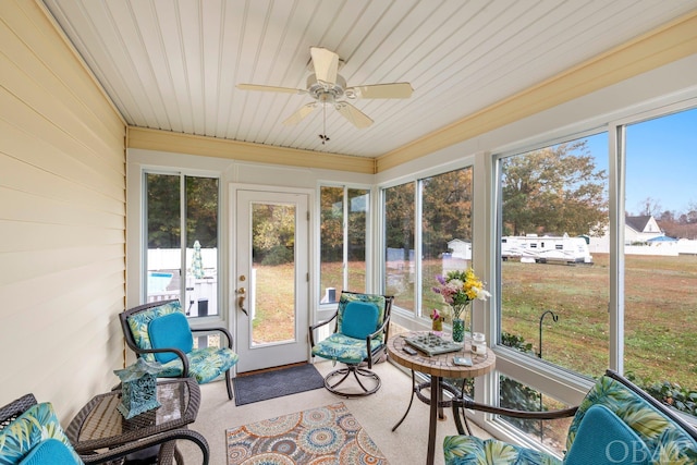 sunroom with wood ceiling and a ceiling fan