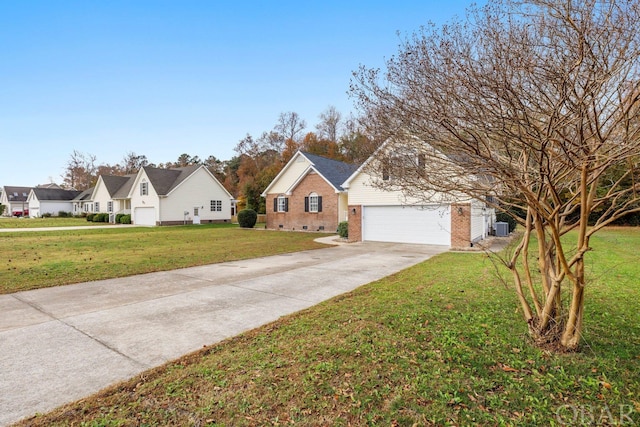 view of front of house with brick siding, central AC unit, a residential view, driveway, and a front lawn