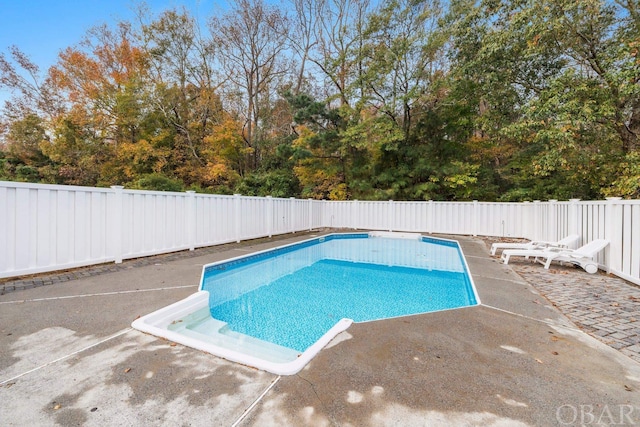 view of swimming pool with a patio, a fenced backyard, and a fenced in pool