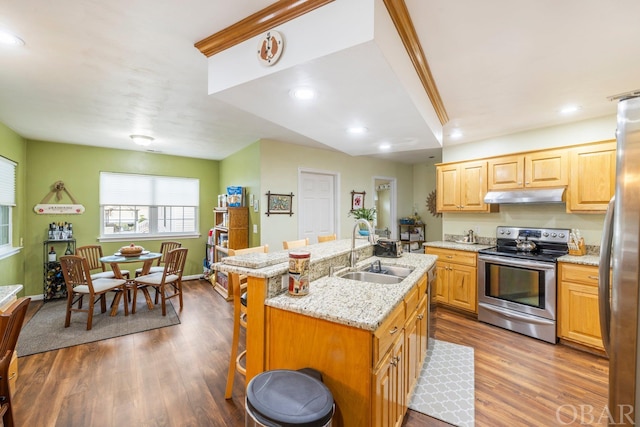 kitchen featuring a kitchen island with sink, under cabinet range hood, stainless steel appliances, a sink, and a kitchen bar