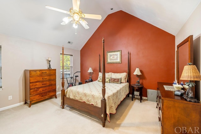 bedroom with baseboards, visible vents, a ceiling fan, light colored carpet, and lofted ceiling