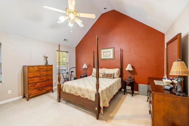 110 Brumsey Landing Dr Lot # 24, Moyock, NC 27958 - bedroom featuring a ceiling fan, baseboards, visible vents, high vaulted ceiling, and light carpet