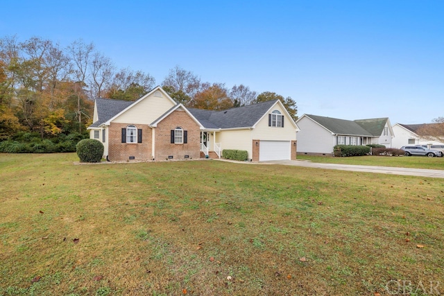 view of front of home with a garage, concrete driveway, crawl space, a front yard, and brick siding