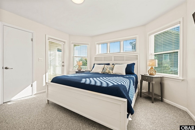 carpeted bedroom featuring multiple windows and baseboards