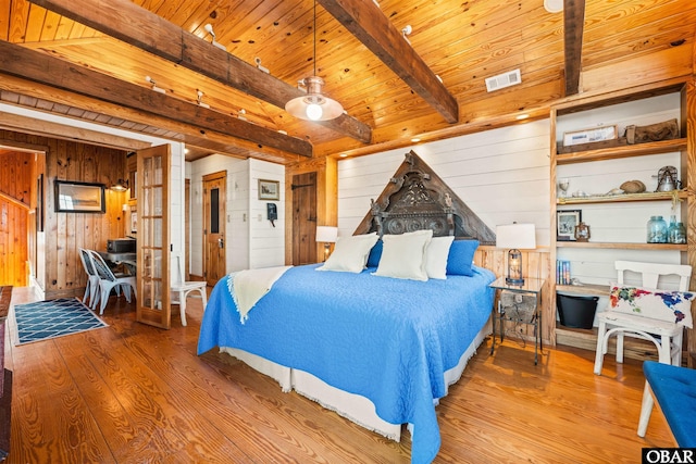 bedroom featuring beam ceiling, visible vents, wooden walls, wood finished floors, and wooden ceiling