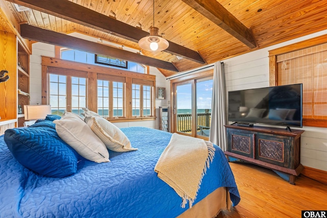 bedroom with access to outside, wood ceiling, wood walls, and light wood-style flooring