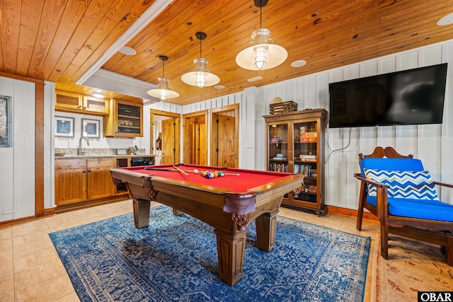 game room featuring indoor wet bar, light tile patterned floors, wood ceiling, a sink, and billiards