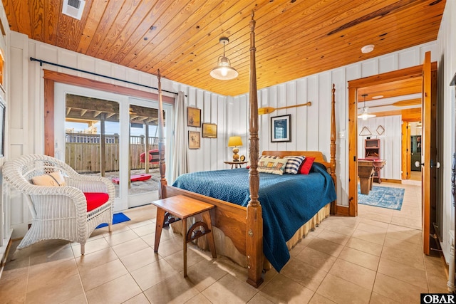 bedroom featuring wood ceiling, visible vents, access to outside, and light tile patterned flooring