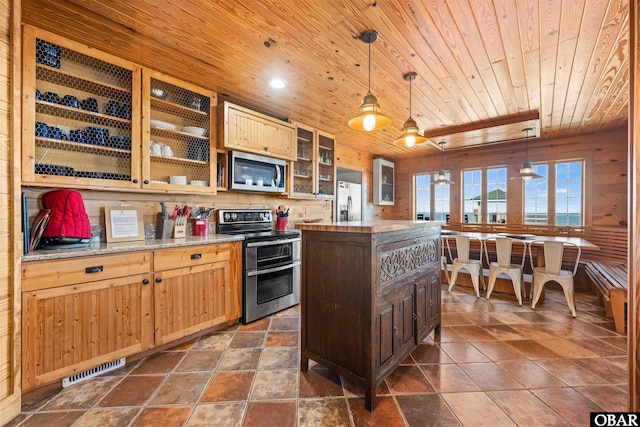 kitchen with stainless steel appliances, wood ceiling, decorative light fixtures, and glass insert cabinets