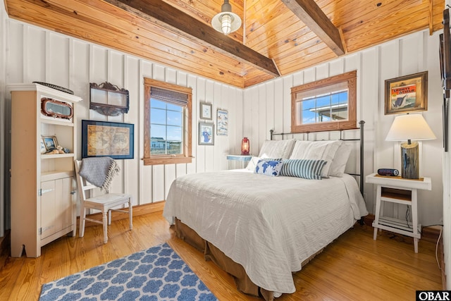 bedroom with light wood-type flooring, beam ceiling, and wooden ceiling