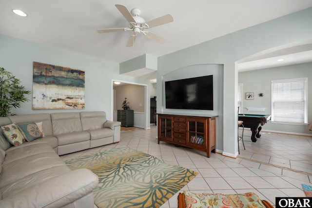 living room with recessed lighting, pool table, ceiling fan, and light tile patterned flooring