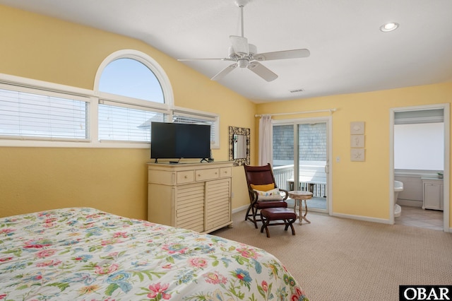 bedroom with lofted ceiling, recessed lighting, light carpet, visible vents, and baseboards