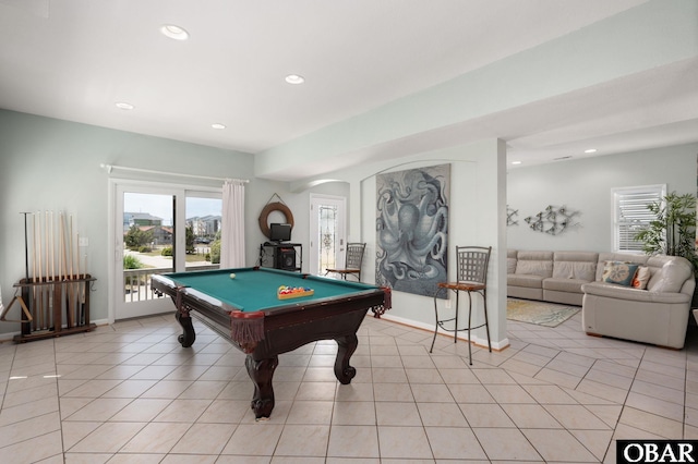 game room with recessed lighting, pool table, baseboards, and light tile patterned floors