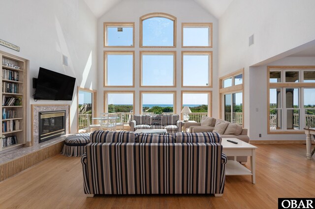 385 Deep Neck Rd Lot # 131, Corolla, NC 27927 - living room with high vaulted ceiling, a high end fireplace, light wood-style flooring, and built in shelves