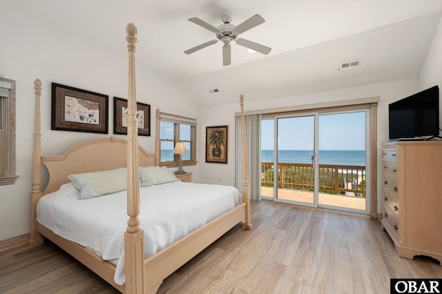 385 Deep Neck Rd Lot # 131, Corolla, NC 27927 - bedroom featuring access to exterior, light wood finished floors, vaulted ceiling, and ceiling fan