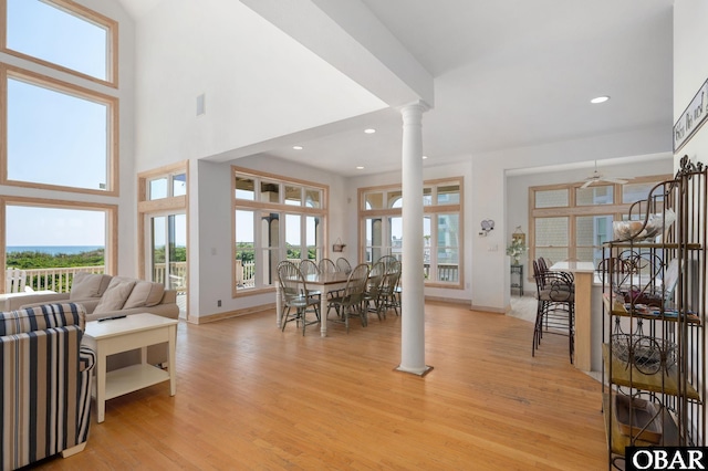 385 Deep Neck Rd Lot # 131, Corolla, NC 27927 - dining space featuring ornate columns, light wood-style floors, ceiling fan, and recessed lighting