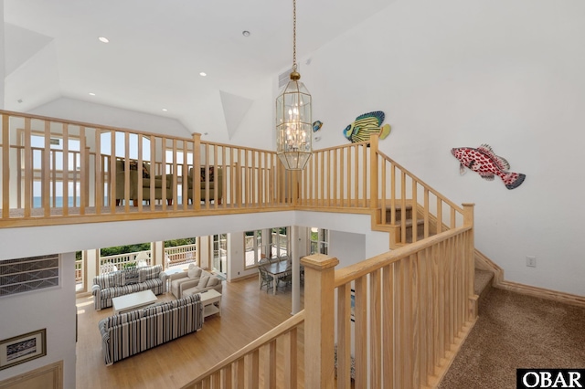 385 Deep Neck Rd Lot # 131, Corolla, NC 27927 - staircase with a chandelier, high vaulted ceiling, and recessed lighting