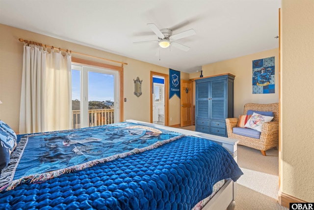 carpeted bedroom featuring ceiling fan, baseboards, and access to exterior