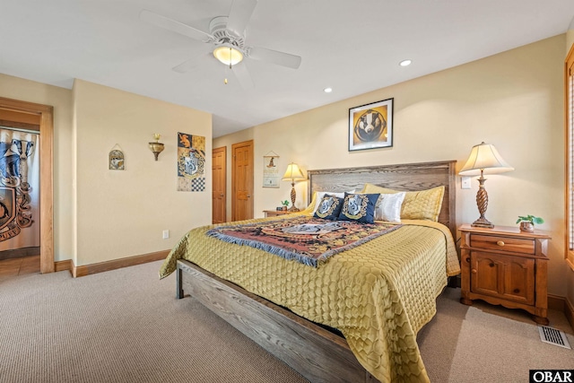 bedroom featuring recessed lighting, visible vents, a ceiling fan, carpet floors, and baseboards