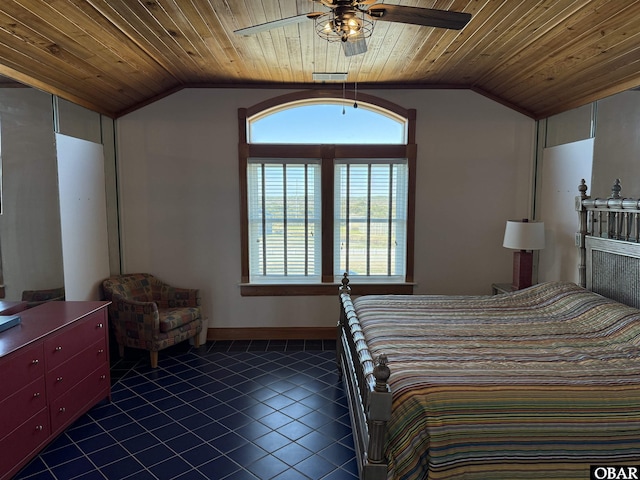 bedroom featuring vaulted ceiling, dark tile patterned floors, wood ceiling, and baseboards