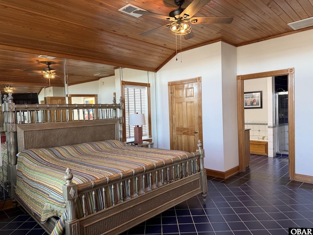 bedroom with dark tile patterned flooring, wooden ceiling, visible vents, and baseboards