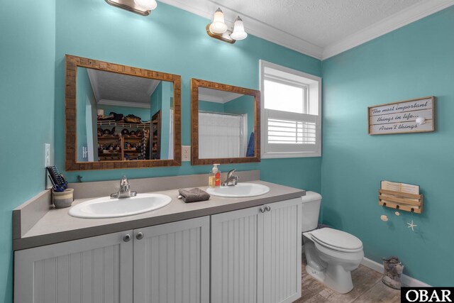full bathroom featuring crown molding, a sink, a textured ceiling, and toilet