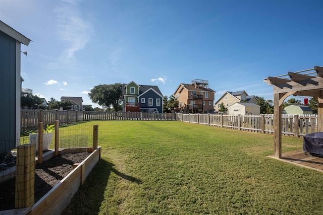 view of yard featuring a vegetable garden, a fenced backyard, and a residential view