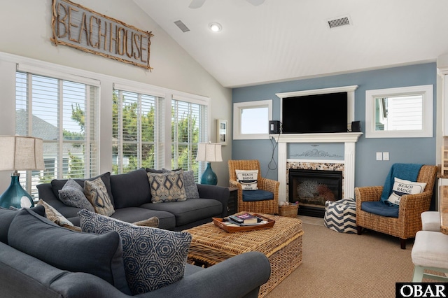 747 Hammock Ln Lot 55, Corolla, NC 27927 - living room with carpet, a ceiling fan, a fireplace, high vaulted ceiling, and recessed lighting