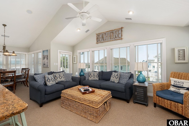 747 Hammock Ln Lot 55, Corolla, NC 27927 - living room featuring carpet floors, a ceiling fan, and high vaulted ceiling