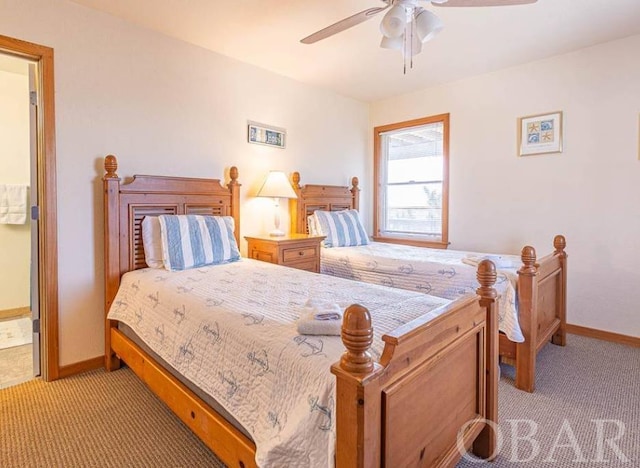 bedroom featuring baseboards, a ceiling fan, and light colored carpet