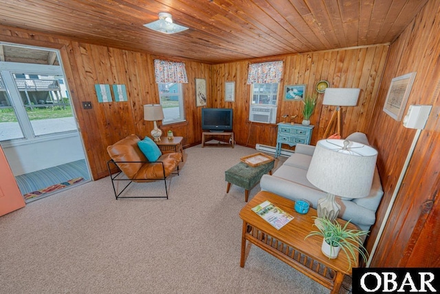 105 Rocky Mount St Lot 399, Kill Devil Hills, NC 27949 - carpeted living area with a baseboard heating unit, wooden ceiling, wooden walls, and cooling unit