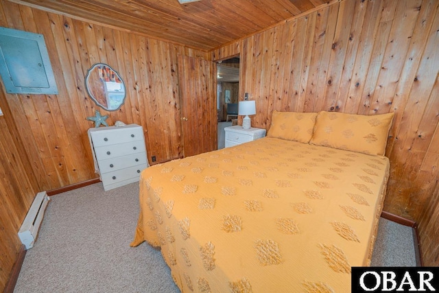 105 Rocky Mount St Lot 399, Kill Devil Hills, NC 27949 - bedroom with baseboard heating, electric panel, wooden walls, carpet, and wood ceiling