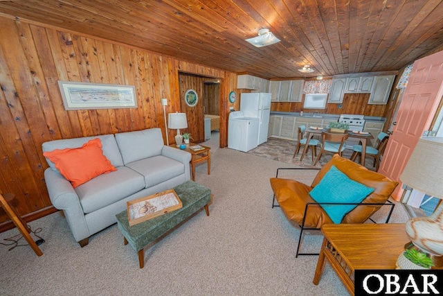105 Rocky Mount St Lot 399, Kill Devil Hills, NC 27949 - living room featuring light colored carpet, wood walls, wood ceiling, and washer / dryer