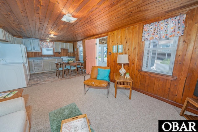 105 Rocky Mount St Lot 399, Kill Devil Hills, NC 27949 - living room with wood walls, light colored carpet, and wooden ceiling