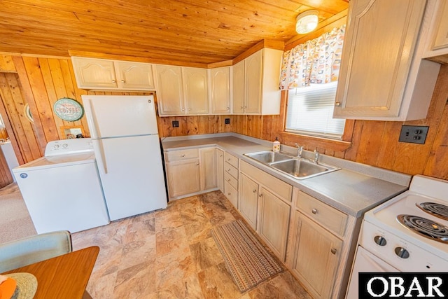 105 Rocky Mount St Lot 399, Kill Devil Hills, NC 27949 - kitchen featuring washer / clothes dryer, white appliances, wooden ceiling, wooden walls, and light countertops