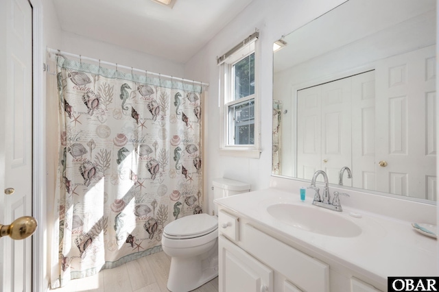 full bathroom featuring toilet, a closet, and vanity