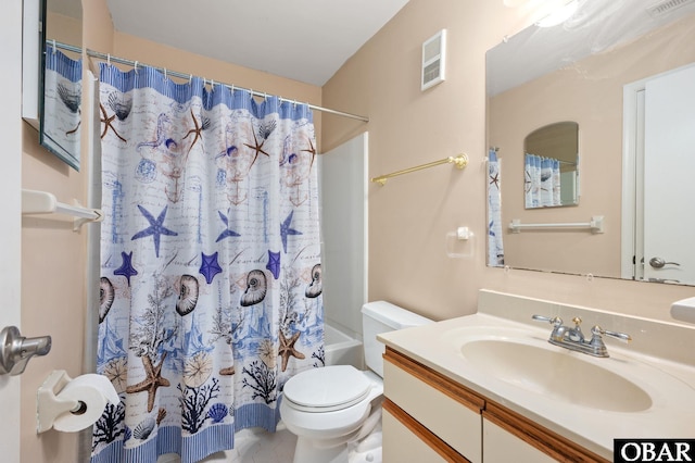 full bathroom with visible vents, vanity, toilet, and shower / tub combo with curtain