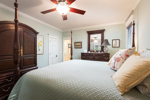 bedroom with ceiling fan and ornamental molding