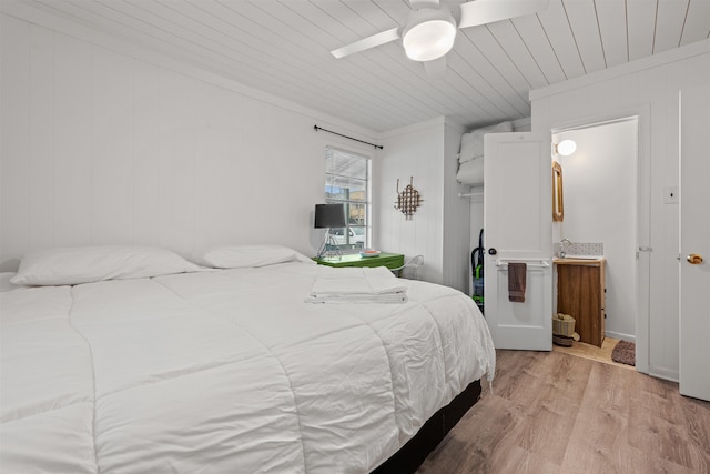 bedroom featuring light wood-style floors, wooden ceiling, and connected bathroom