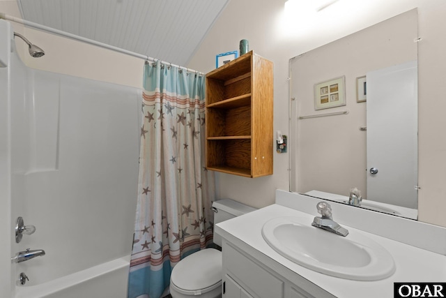 1400 N Virginia Dare Trl, Kill Devil Hills, NC 27948 - bathroom featuring shower / bath combo, toilet, vanity, and lofted ceiling