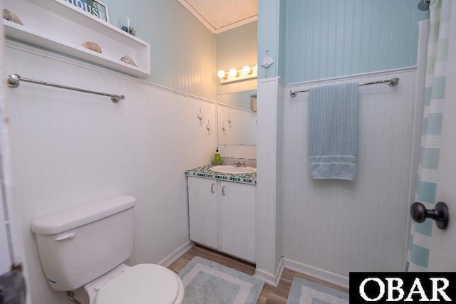 bathroom with vanity, toilet, and wood finished floors