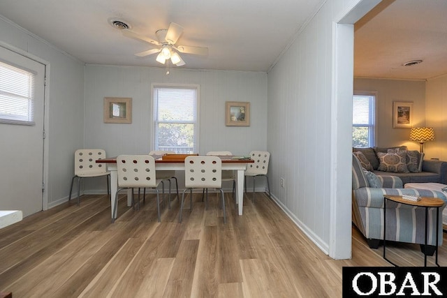 dining room with light wood finished floors, visible vents, baseboards, ornamental molding, and a ceiling fan