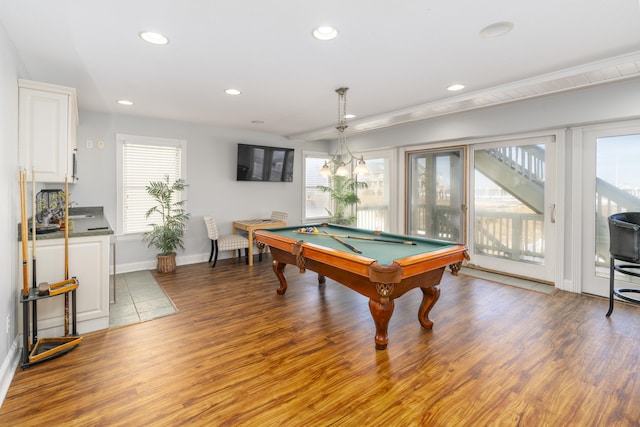 recreation room with recessed lighting, baseboards, wood finished floors, and pool table