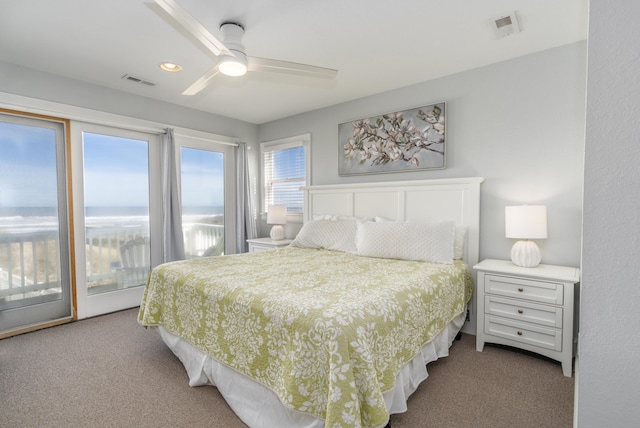 bedroom featuring access to exterior, visible vents, carpet flooring, and a ceiling fan