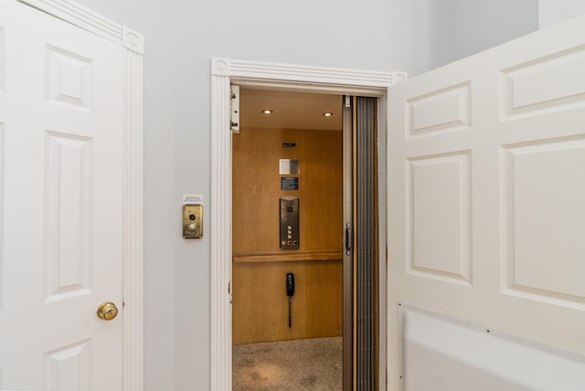 interior details with elevator and carpet floors