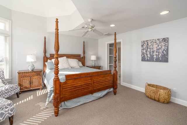 bedroom with a ceiling fan, carpet flooring, recessed lighting, and baseboards