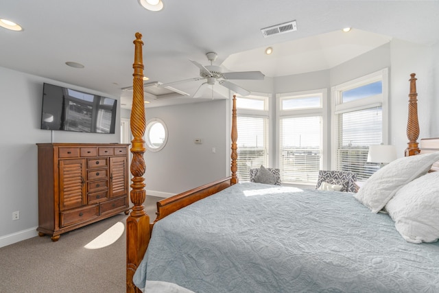 bedroom with baseboards, visible vents, carpet floors, recessed lighting, and ceiling fan