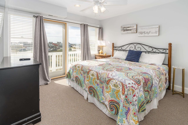 bedroom featuring visible vents, access to exterior, recessed lighting, carpet floors, and ceiling fan