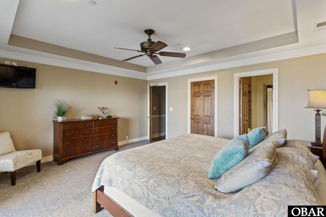 bedroom featuring carpet, a raised ceiling, and baseboards